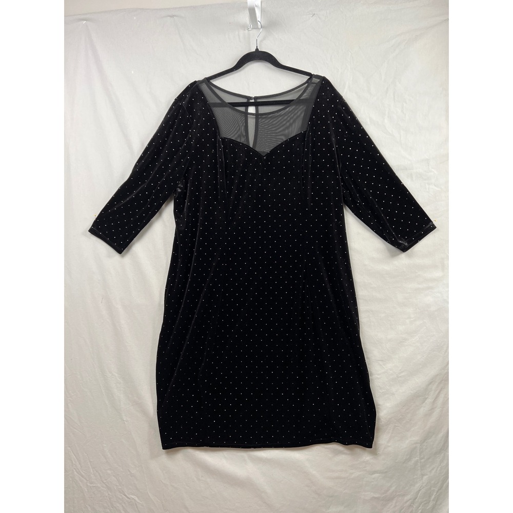 Lane Bryant Velvet Dress Women 18/20 Black Studded Mesh Yoke 3/4 Sleeve Sheath